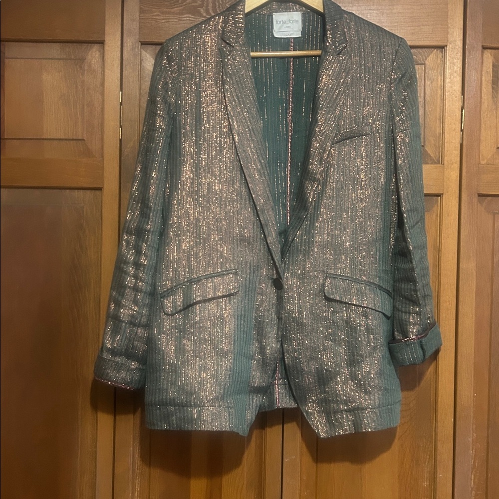 Forte Forte linen structured jacquard jacket in a green /bronze metallic finish.